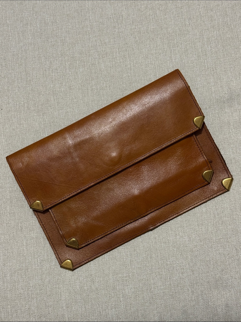 Vintage Leather Envelope Style Clutch with Hidden Wristlet Strap-Metal Corners